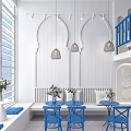 Modern Blue And White Beauty Salon Interior With Balcony Railings Tables Chairs Sofa And Chandeliers