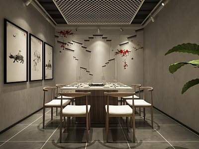 Chinese Style Private Room with Dining Table Chairs Decorative Paintings and Green Plant 3d model