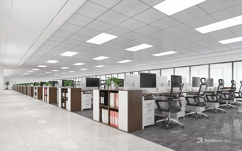 Modern Public Office Space Interior With Open Layout Work Desks Computer Monitors And Green Plants 3d model 