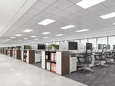 Modern Public Office Space Interior With Open Layout Work Desks Computer Monitors And Green Plants 3d model