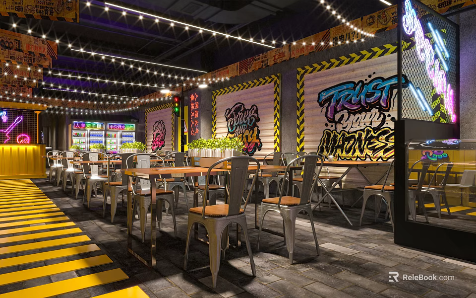 Modern Industrial Restaurant Interior With Graffiti Walls Metal Tables And Neon Lights 3d model 