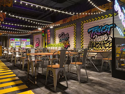 Modern Industrial Restaurant Interior With Graffiti Walls Metal Tables And Neon Lights 3d model