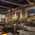 Modern Industrial Restaurant Interior With Graffiti Walls Metal Tables And Neon Lights