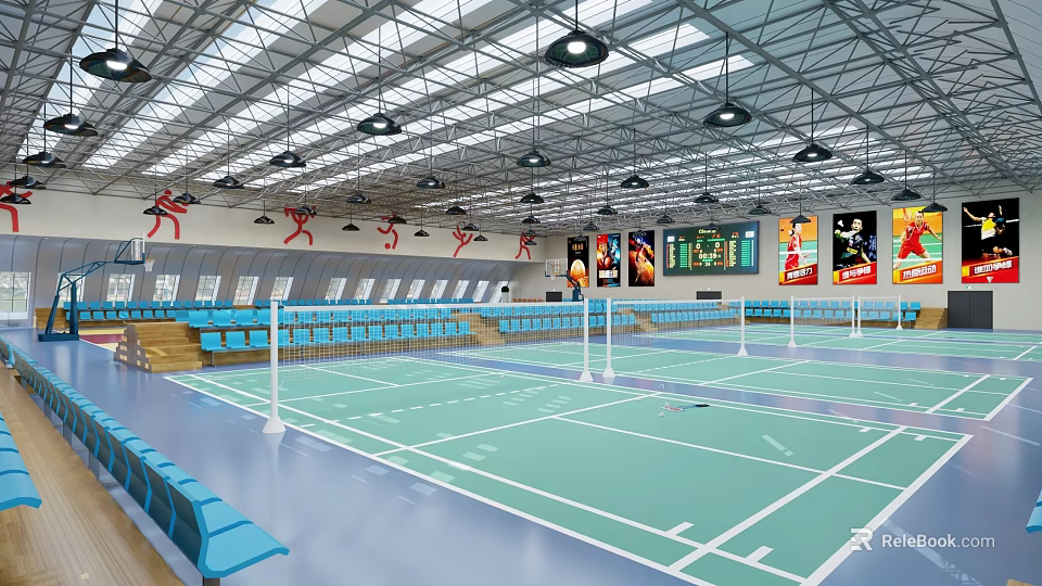 Modern Indoor Basketball Gym With Blue Seats Lights And Screens 3d model 