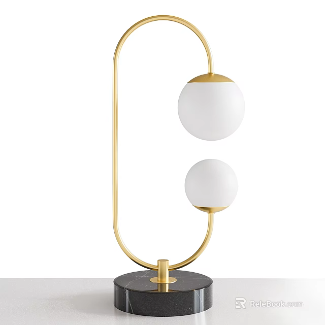 Modern Table Lamp With Golden Metal Frame Two White Glass Balls And Marble Base 3d model 