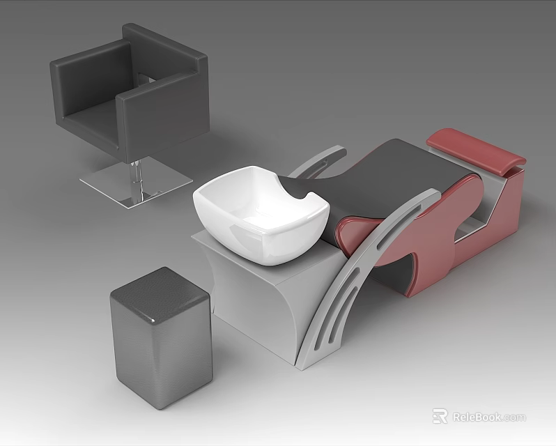 Modern Red And Gray Sofa Stool With Black Chair Gray Cube And White Bowl 3d model 