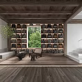 Cozy Hotel Public Lounge Area With Wooden Bookshelves Hanging Green Plants And Staircase