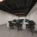 Modern Office Corridor With Blue Flooring Glass Walls White Doors Red Ceiling And Lighting Strips