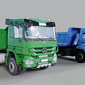 Two Green And Blue Mercedes Dump Trucks With Modern Design Features