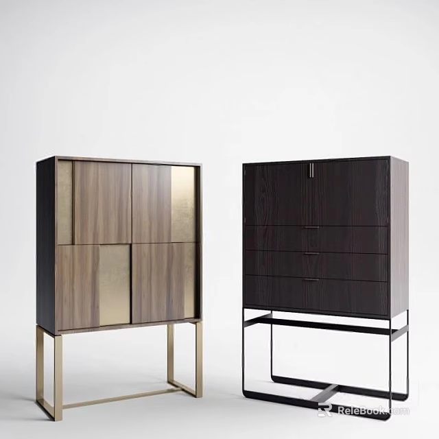 Modern Entryway Console And Side Cabinets With Wooden Doors Drawers And Metal Legs 3d model 