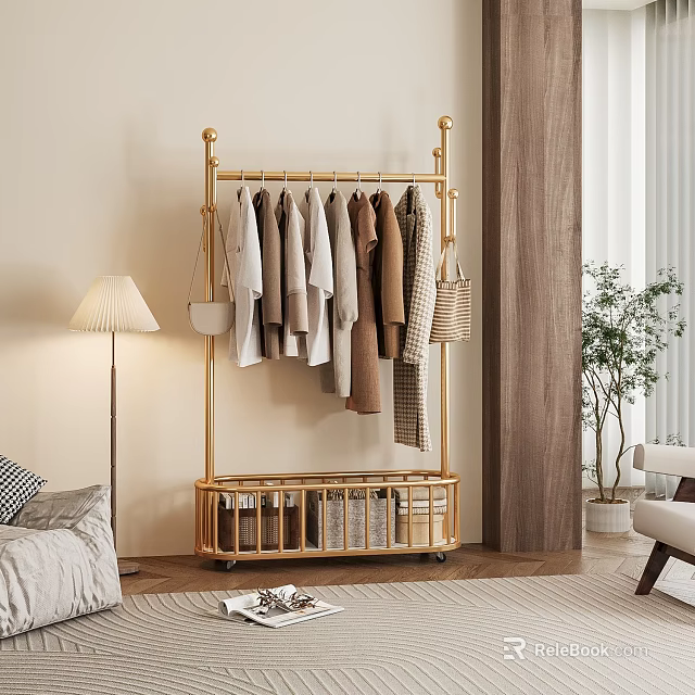 Golden Modern Clothes Rack With Wheels Hanging Clothes And Bags In Living Room 3d model 