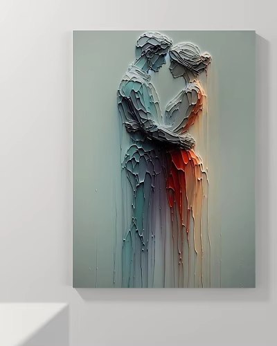 Abstract Painting Of Embracing Lovers With Textured Brushstrokes Green Red Tones And Light Green Background 3d model