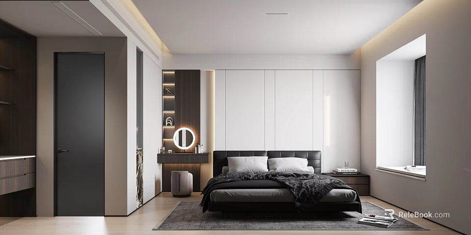 Modern Bedroom Interior With Black Leather Bed Gray Bedding White Cabinets And Wooden Panels 3d model 