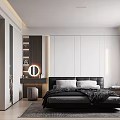 Modern Bedroom Interior With Black Leather Bed Gray Bedding White Cabinets And Wooden Panels