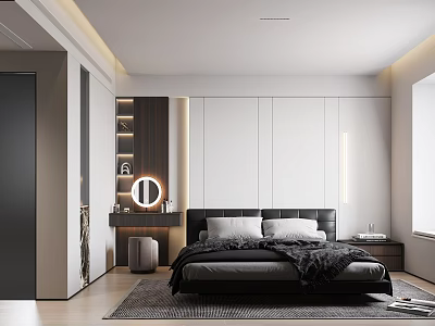 Modern Bedroom Interior With Black Leather Bed Gray Bedding White Cabinets And Wooden Panels 3d model