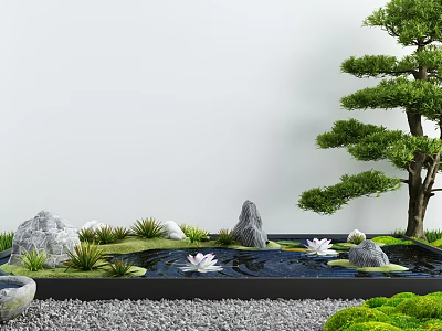 Serene Garden Miniature Landscape With Small Pine Tree Lotus Pond Rocks Grass And Moss 3d model