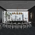 Modern Private Dining Room Interior With Round Table Chandelier Sofa And Decorative Wall