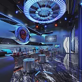 Modern KTV Interior With Blue Purple Neon Lights Comfortable Sofas Large Screens Starry Ceiling Decor