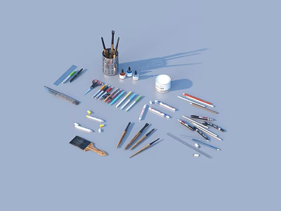 Everyday Household Items Collection With Pens Scissors Brushes And Cosmetic Bottles 3d model