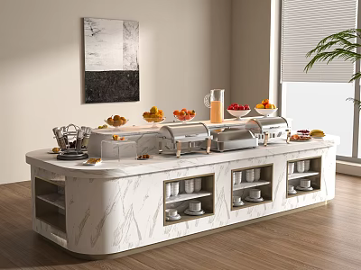 Modern Dining Table With Marble Countertop Featuring Chafing Dishes Fresh Fruits And Cup Shelves 3d model