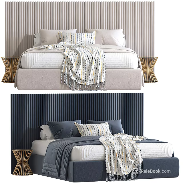 Modern Double Bed Interior With Vertical Panel Headboard Plush Pillows And Bedside Tables 3d model 