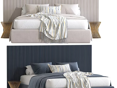 Modern Double Bed Interior With Vertical Panel Headboard Plush Pillows And Bedside Tables 3d model