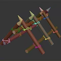 Primitive Handmade Triangular Defensive Structure With Wooden Sticks Ropes And Spikes