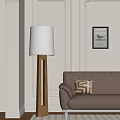 Cozy Living Room With Wooden Floor Lamp White Lampshade Brown Sofa And Geometric Cushion