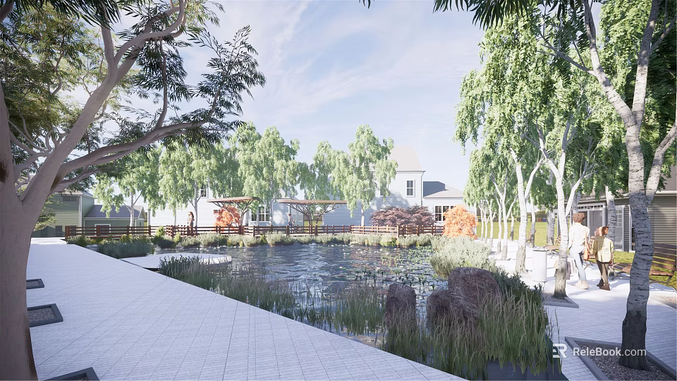 Garden Landscape Design With Pond Trees Paved Path Wooden Pavilion And White Building 3d model 