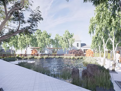Garden Landscape Design With Pond Trees Paved Path Wooden Pavilion And White Building 3d model