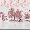 Artistic Pink Floral Installation Featuring Cherry Blossom Trees And Decorative Arch Structures 3d model