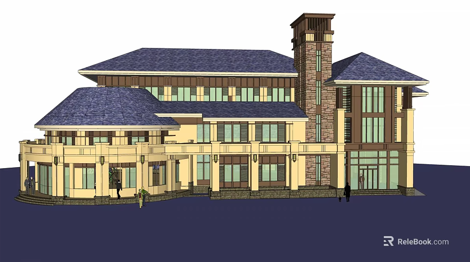 Commercial Complex Architectural Design With Blue Roof Tower And Yellow Brown Facade 3d model 