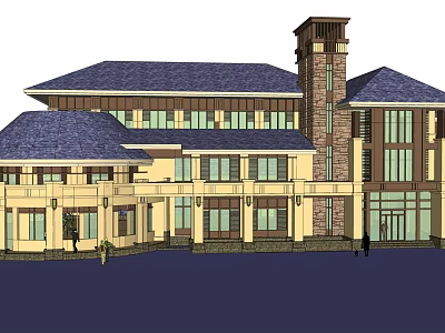 Commercial Complex Architectural Design With Blue Roof Tower And Yellow Brown Facade 3d model
