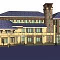Commercial Complex Architectural Design With Blue Roof Tower And Yellow Brown Facade