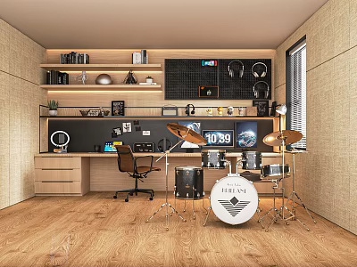 Modern Entertainment Room Interior With Drum Set Decorative Shelves And Wooden Flooring 3d model