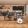 Modern Entertainment Room Interior With Drum Set Decorative Shelves And Wooden Flooring