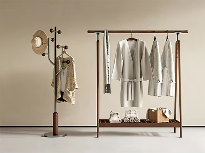 Modern Wooden Clothes Rack With Bathrobes Scarf Hat And Storage Shelf 3d model