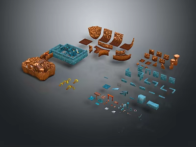 Cartoon Scene Various Model Parts Including Ship Building And Decorative Components 3d model