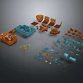 Cartoon Scene Various Model Parts Including Ship Building And Decorative Components