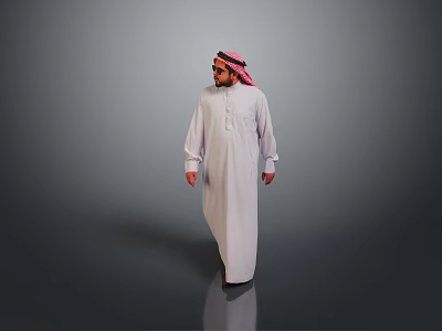 A Man In Traditional White Thobe And Pink Ghutra Standing Against Gray Background 3d model