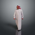 A Man In Traditional White Thobe And Pink Ghutra Standing Against Gray Background