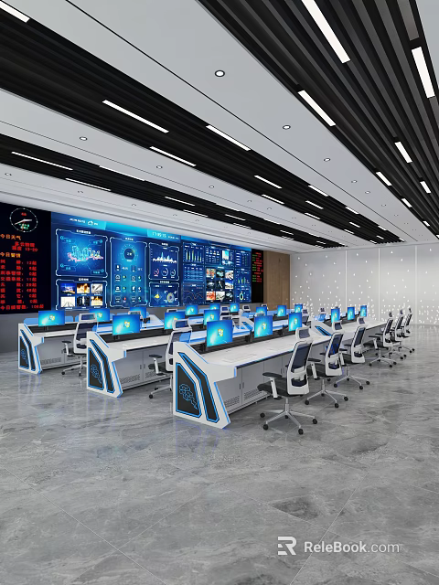 Modern Monitoring Room With Control Desks And Digital Screens 3d model 