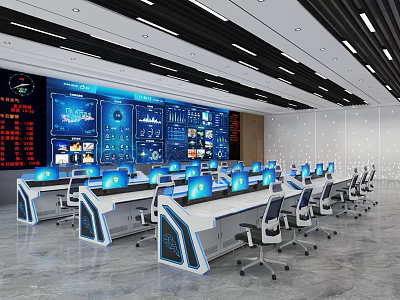 Modern Monitoring Room With Control Desks And Digital Screens 3d model