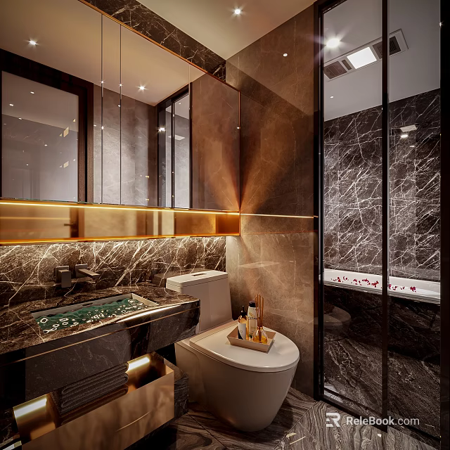 Elegant Luxury Bathroom With Dark Marble Walls Warm Golden Lighting And Glass Shower Enclosure 3d model 