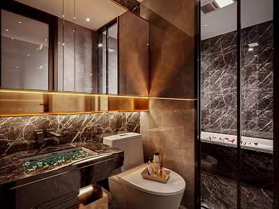 Elegant Luxury Bathroom With Dark Marble Walls Warm Golden Lighting And Glass Shower Enclosure 3d model