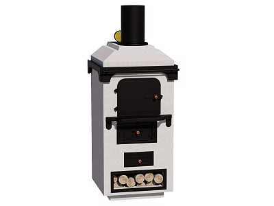 Vintage Stove With White Body Black Door Chimney And Bottom Knobs 3d model