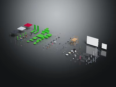 Scene Components Collection With Green Red Gray Modules Frames Tools And Boards 3d model