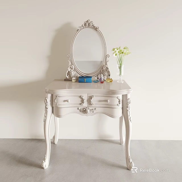 White Carved Dressing Table With Oval Mirror Vase And Drawers 3d model
