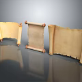 Three Ancient Parchment Scrolls With Wooden Rollers On Dark Reflective Surface 3d model