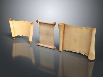 Three Ancient Parchment Scrolls With Wooden Rollers On Dark Reflective Surface 3d model